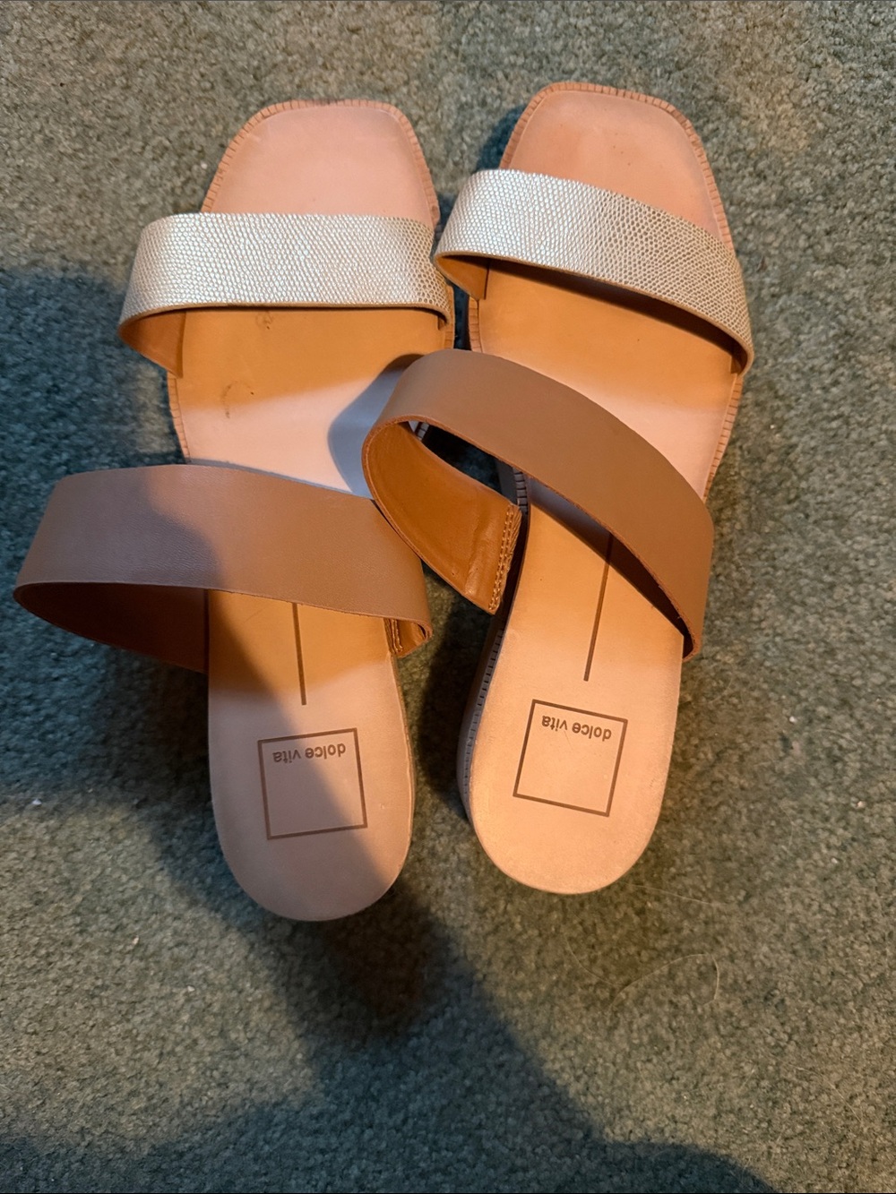 Dolce Vita Two-Band Slide Sandals in Tan and Beige